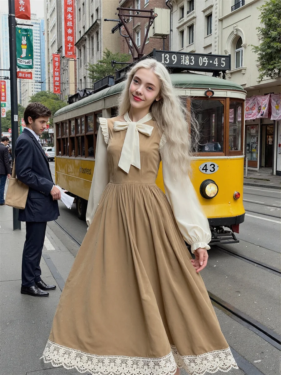 Vestidos de mujer negro Línea A Patchwork otoño primavera patrón una línea cintura imperio solapa hueca ropa de trabajo tela corsé elegante