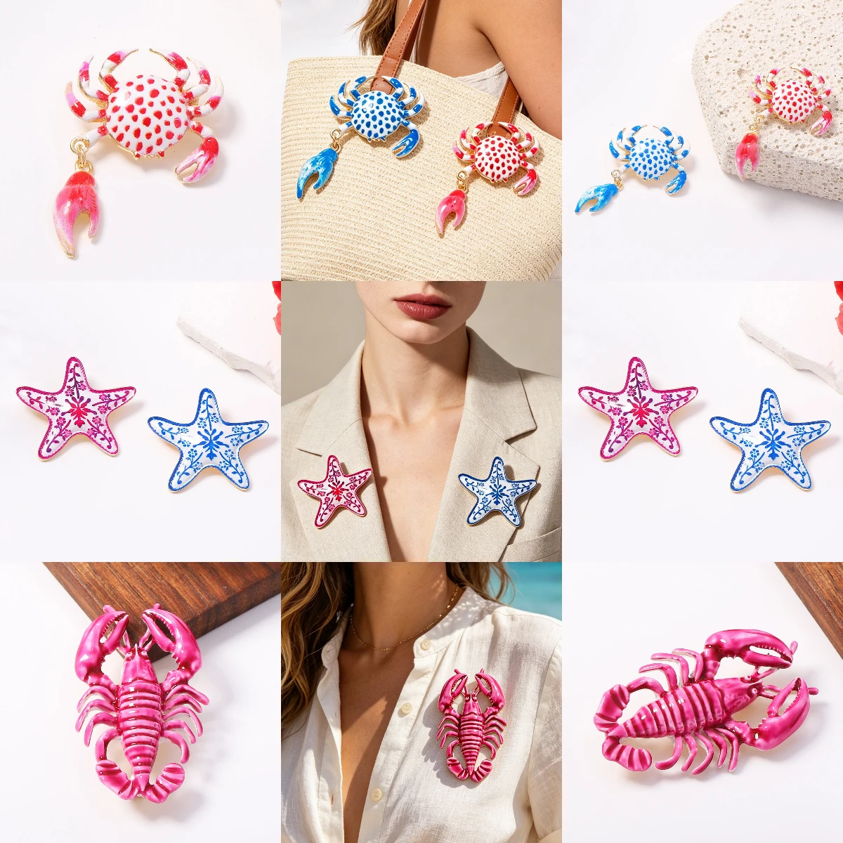 Cross border summer seaside beach fresh, cute, energetic and energetic accessories, vacation style starfish crab lobster brooch