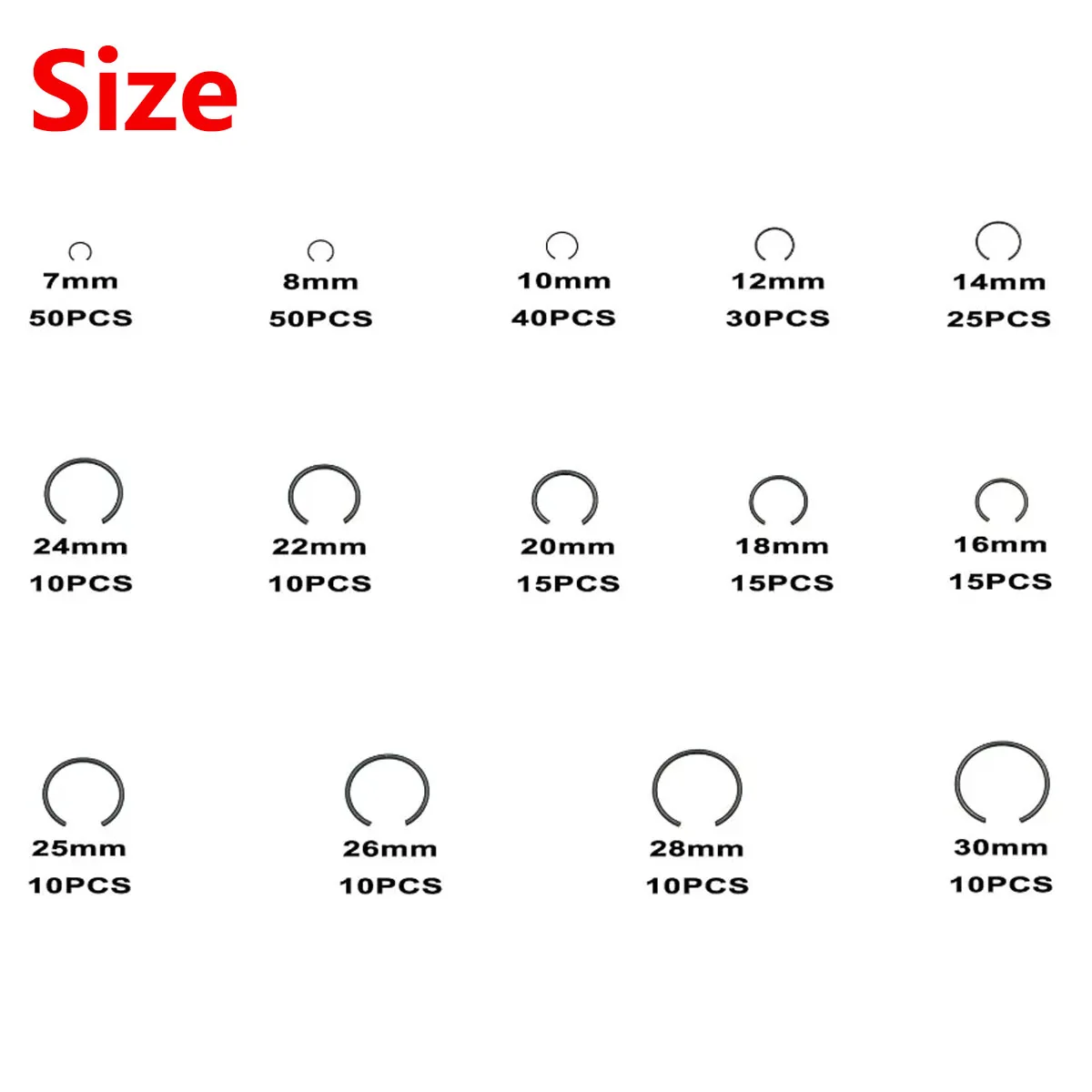 300Pcs Metric 7-30mm Round Wire C-Clips Internal Snap Rings Retaining Clip Ring Set Assortment Kit for Hole Black Finish Steel
