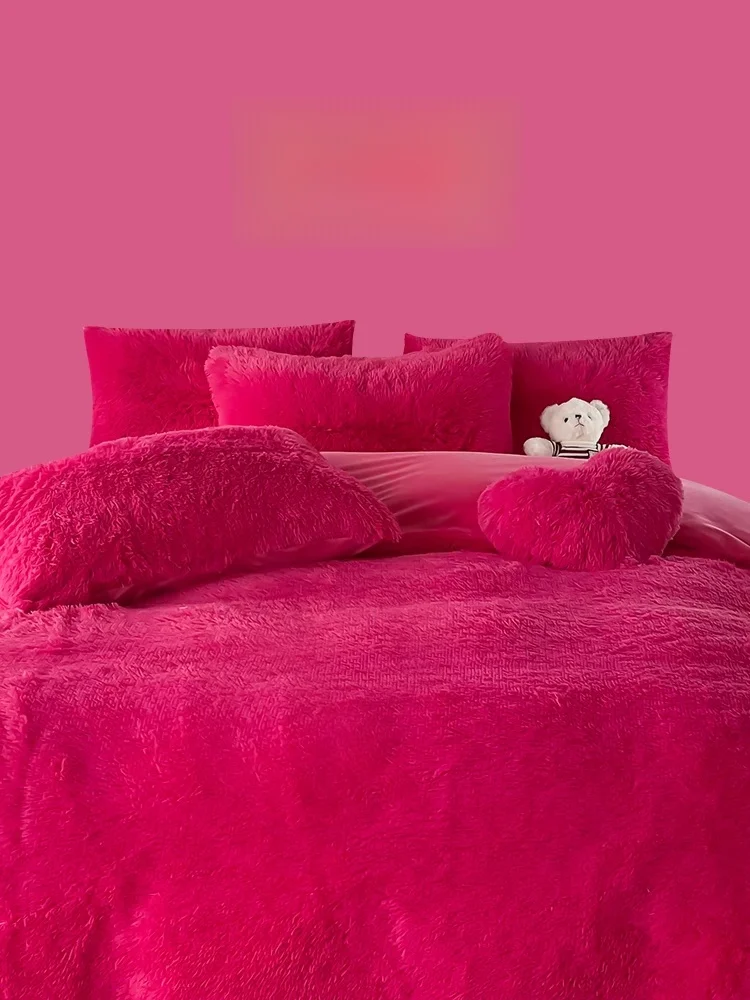 

Zoeo Cloud Mink Four-Piece Set Rose Red Bedding Warm Skin-Friendly -Like Comforter Cover Bedding Accessories