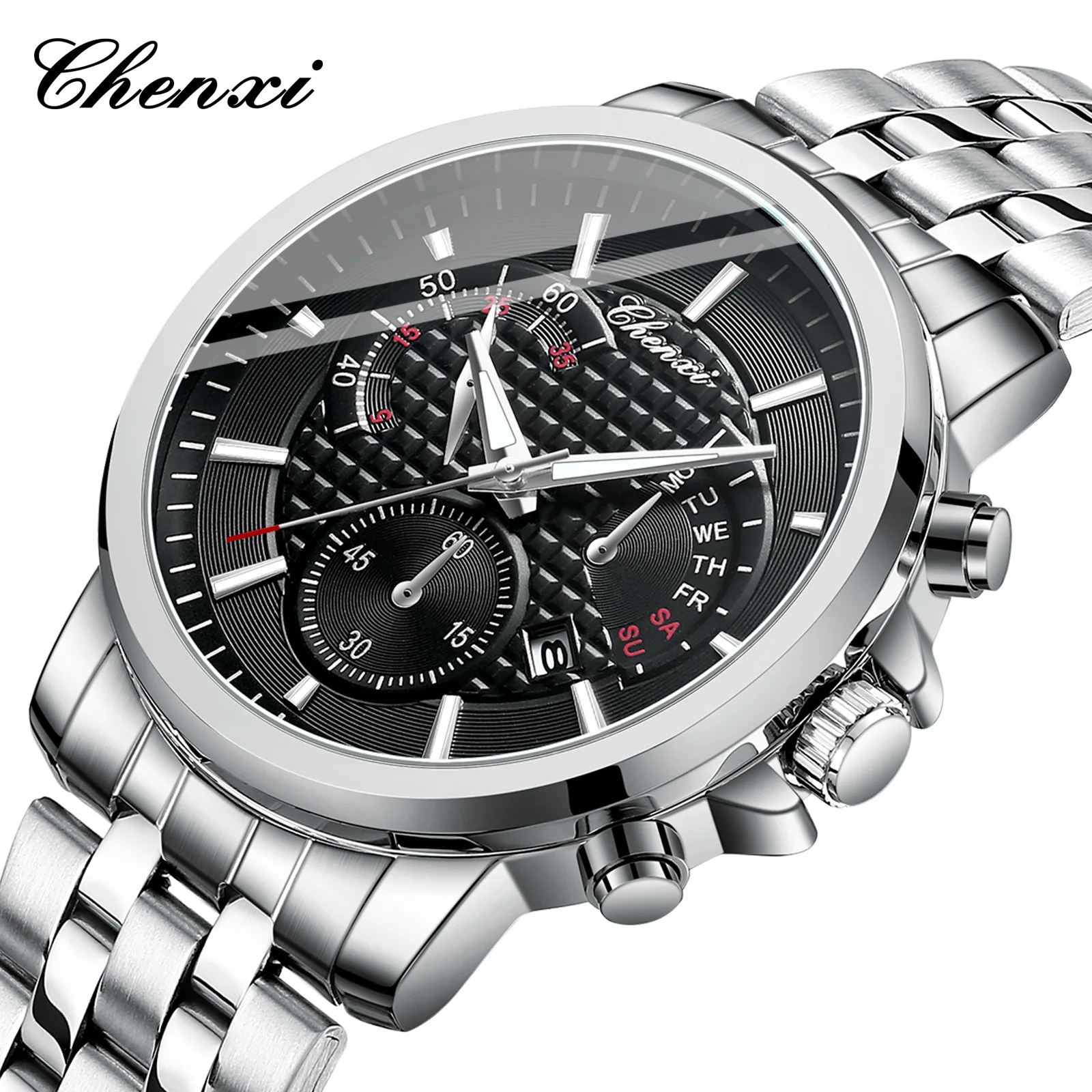 

CHENXI 058 Men's Quartz Watch Fashion Night Light Clock Waterproof Calendar Steel Belt Style Wristwatch for Male