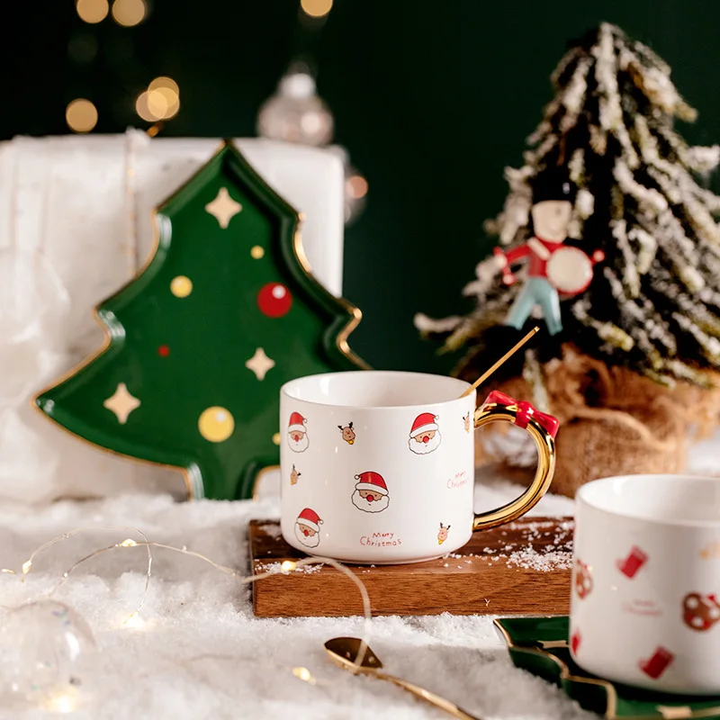 Christmas Style Ceramic Coffee Cup and Saucer Creative Cute Christmas Trees Saucer Christmas Elements Coffee Cup gift box
