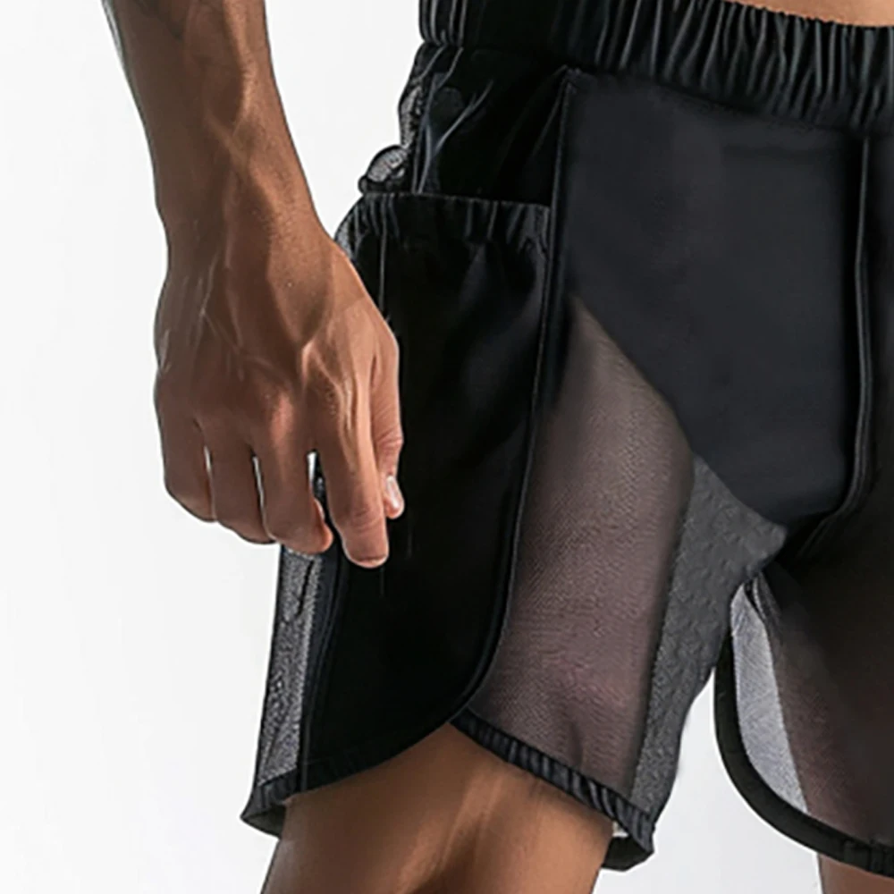 Men\'s Gym Shorts Sexy See-Through Mesh  Home Wear Shorts For Men With Lining Lounges Male Knee Length Pants Fashion Sweatpants