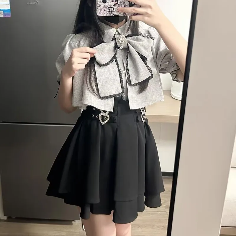 

Summer New Japanese Gothic Cute Girl Bow Short Top+High Waist Half Skirt Slimming Set Two Piece Sets Womens Outifits Y2k Dress