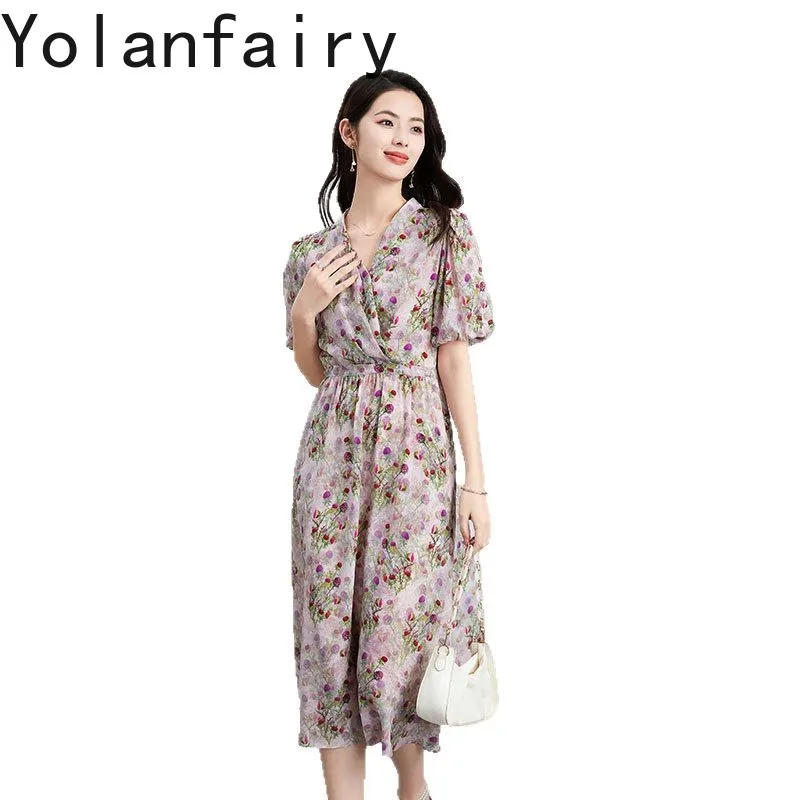 

YOLANFAIRY 100% Mulberry Silk Dresses for Woman Elegant Summer Dress 2025 Lace-up Lantern Sleeves High-end Floral Beach Dress