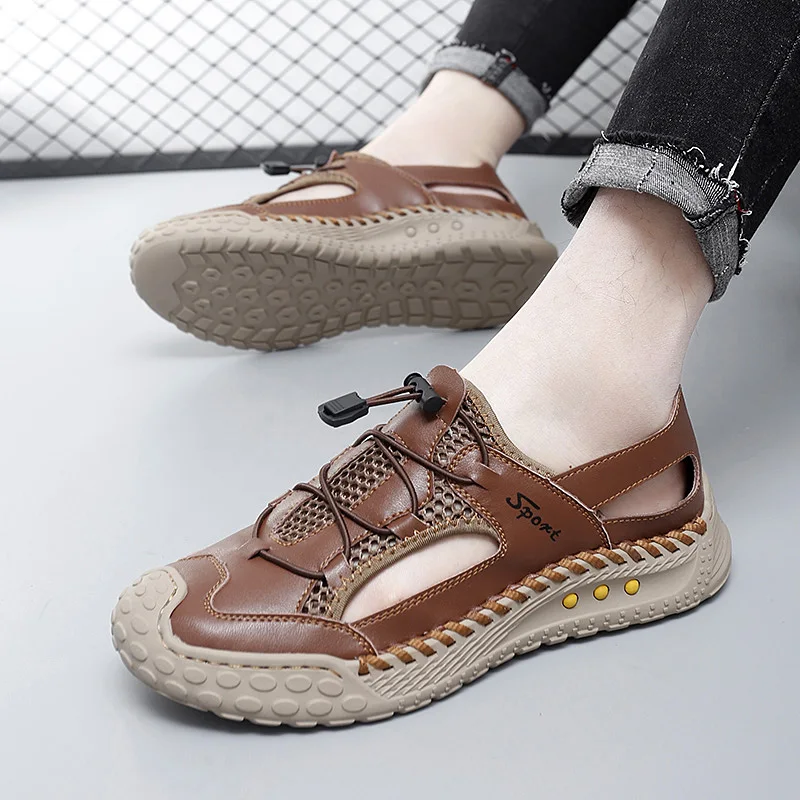 

Лето 2025 г., хит продаж, мужские сандалии, уличная пляжная повседневная обувь, мужские оксфорды на подошве ручной работы, дышащие, удобные