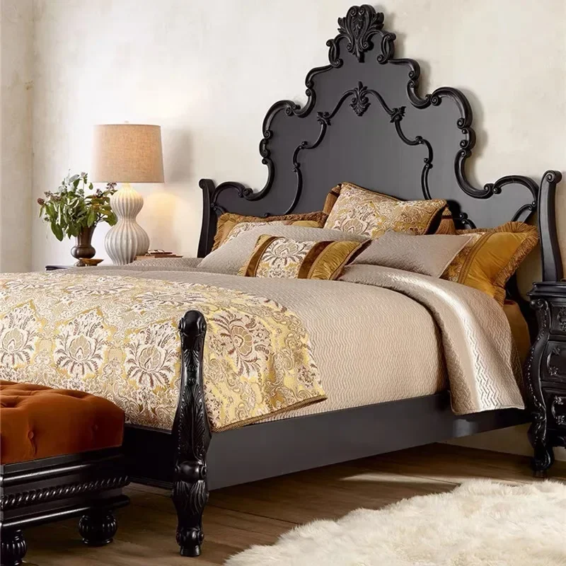 French solid wood carved simple bedroom retro vintage vintage black and white frame internet famous double bed