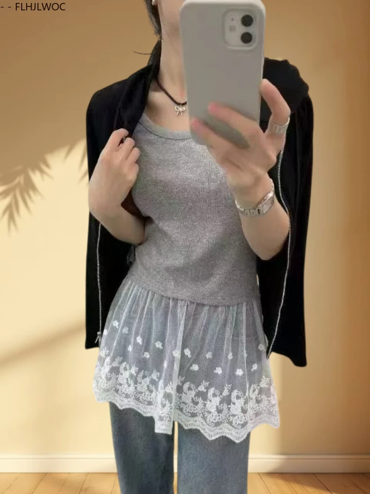 

Хлопковые лоскутные белые кружевные топы, блузки, милые милые женские наряды для девочек, милые универсальные наряды, летние майки без рукавов, майки с баской