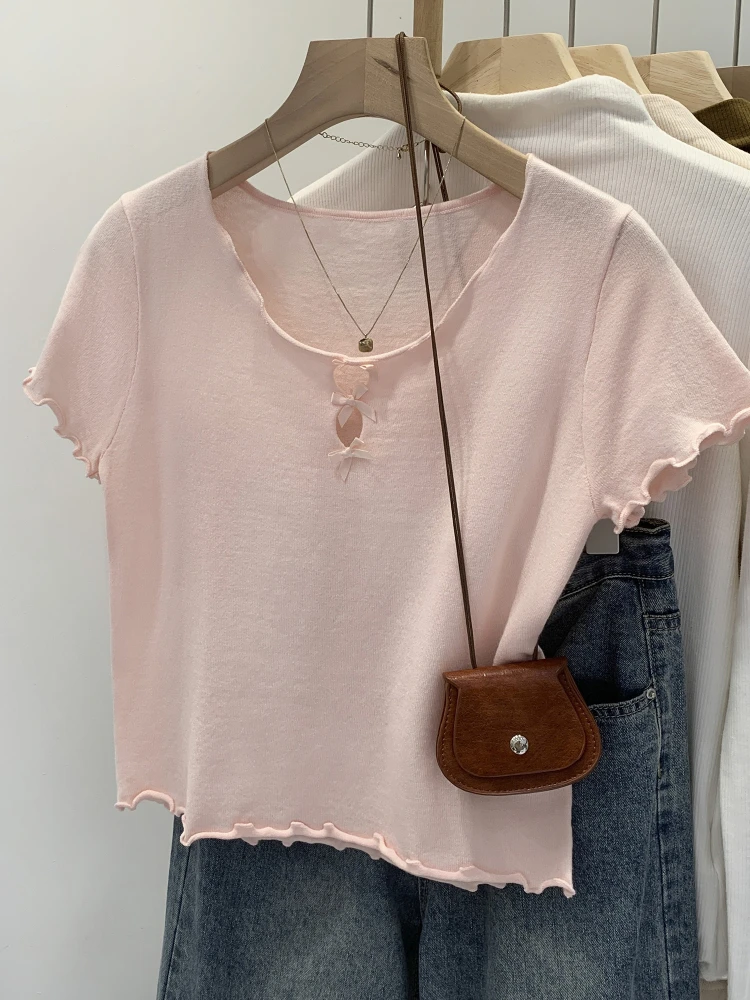 Blue  Knot Short Sleeve T-Shirt Women's Summer New Gentle Atmosphere Short Top Korean Style Commute Fashion Slim Fit