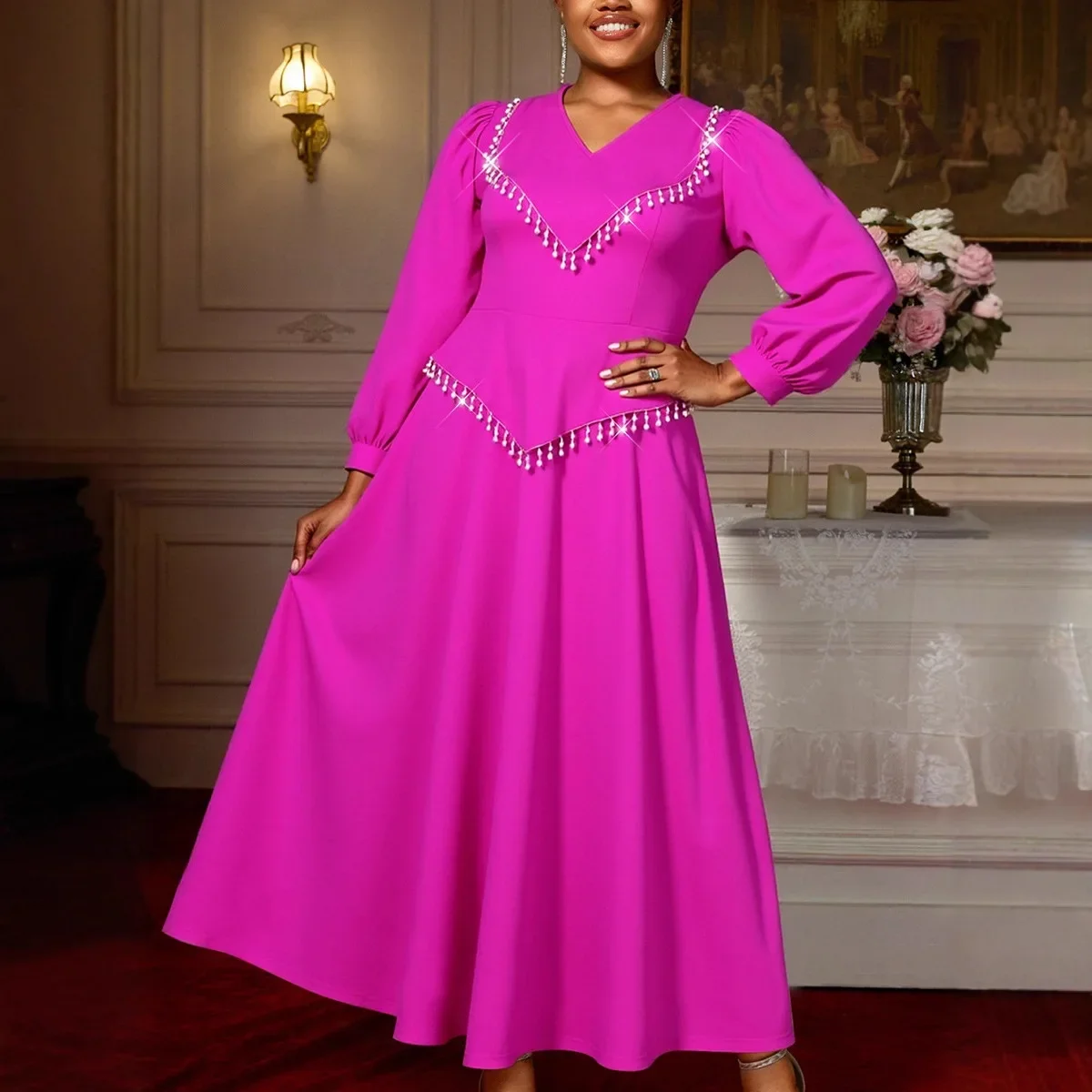 

Элегантное осеннее модное африканское женское платье с длинным рукавом и v-образным вырезом из полиэстера, большие размеры, вечернее длинное платье макси, Дашики, африканское платье