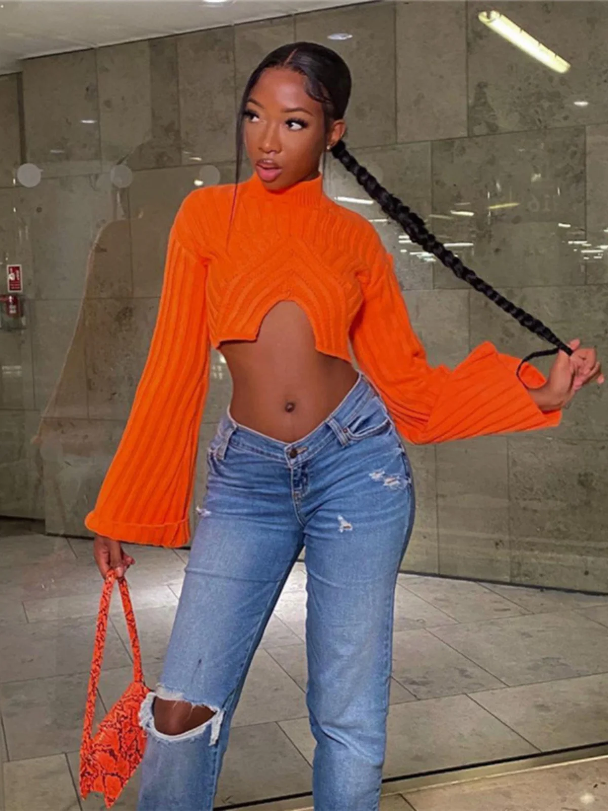 

Faionable round Ne Bell Sve ort Knitted Sweater Women's Street Sle Slim Fit Warmth Street Faion Autumn New