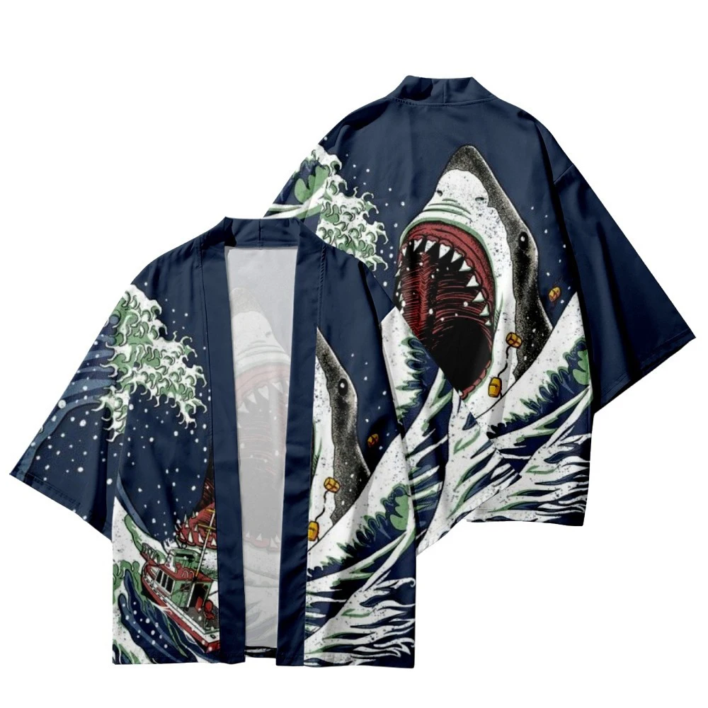 

Japanese Kimono Cardigan Haori Yukata Cosplay Men Women's Kimono Shirt Shark Print Coat Traditional Japanese Clothing