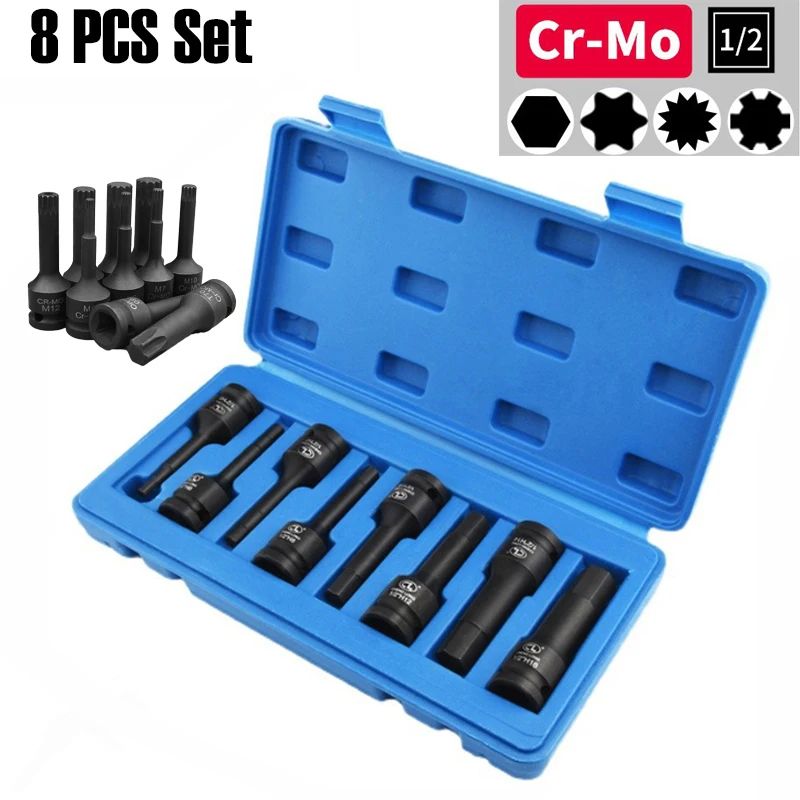 

1/2 Socket Wrench 8pcs Set Hexagonal Screwdriver Star Nut Key Driver Plum Batch Nozzle Mechanical Workshop Maintenance Hand Tool