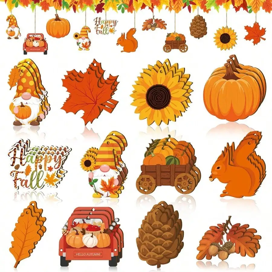 D36 Pcs Fall Thanksgiving Ornaments Fall Tree Decorations Photo Props Wooden Hanging Ornaments Autumn Wooden Tags Slices Cutouts With Rope For Thanksgiving Holiday Party Plies Maple Leaf