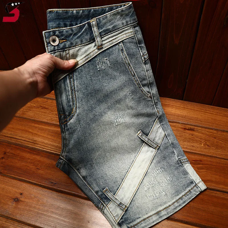 

High-End Locomotive Denim Shorts for Men2024Summer Fashion Personality Stitching Design Casual Stretch Retro Cropped Pants