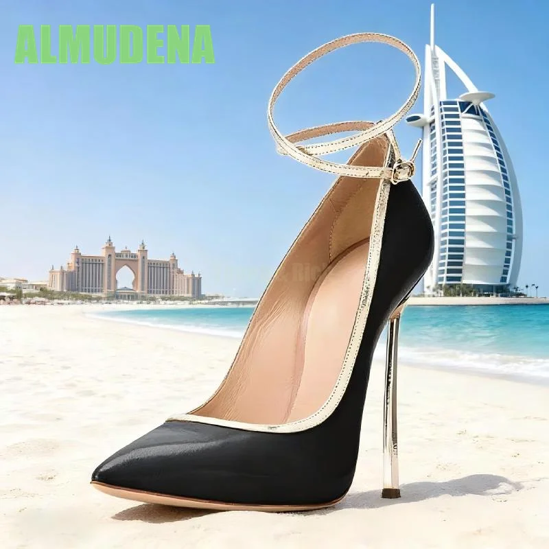 

Sharp Pointed Shallow Mouth Shaped Heel Pump Black Temperament Gold Border Ankle Strap Fashionable Versatile Slim High Heels