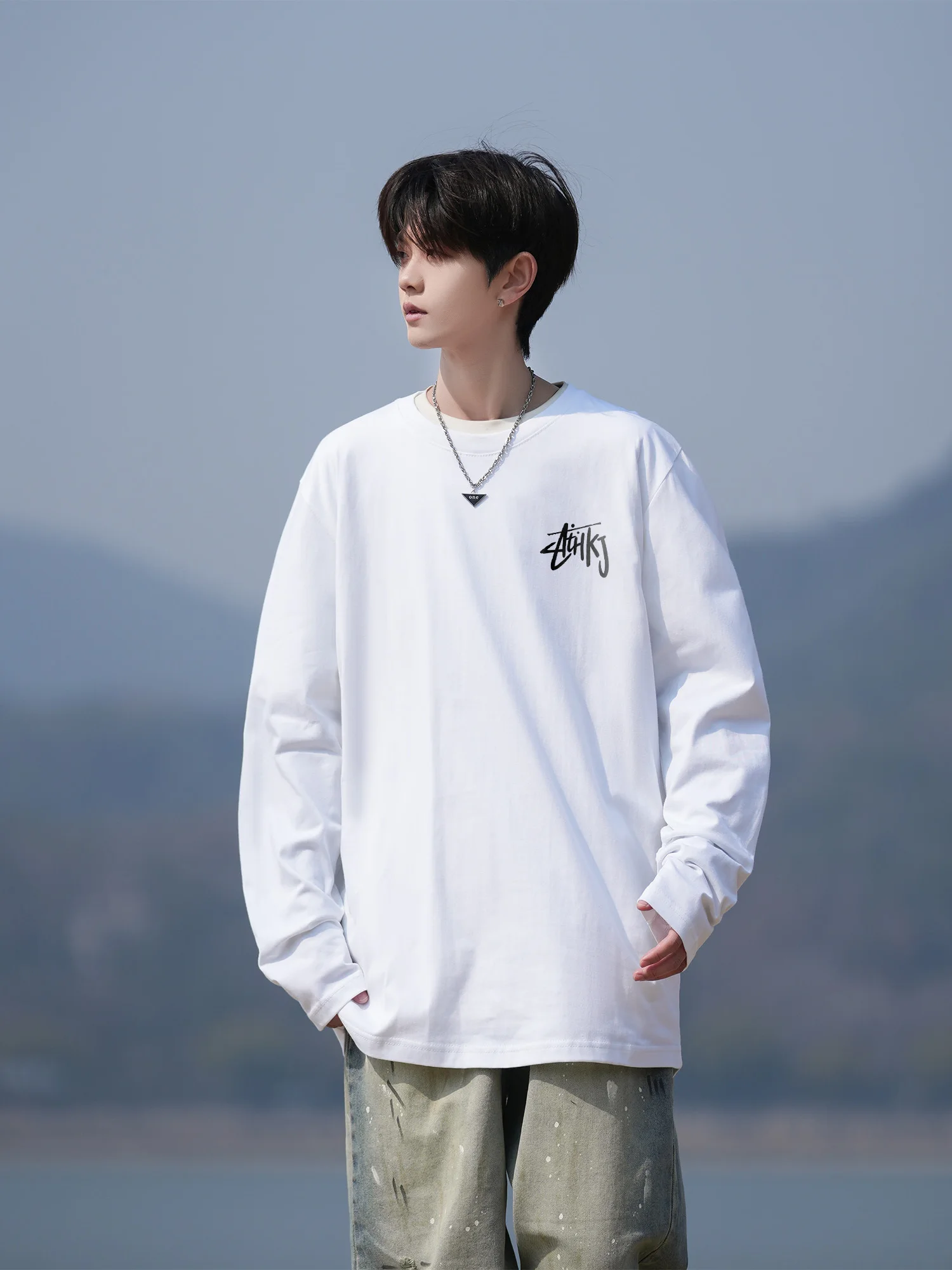 Loose Fit Long Sleeve round Neck Cotton T-Shirt Men's Autumn Fashionable Streetwear Crew Neck Big Size Inner Wear Top