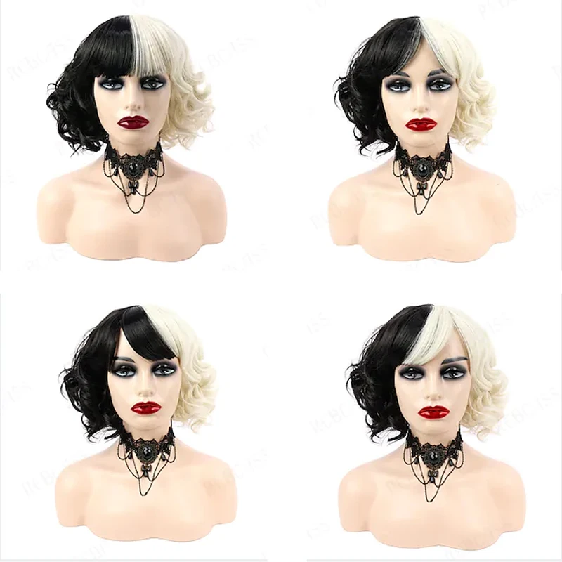 Hairjoy synthetisches haar cosplay cruella lose locken bob mit ordentlich knall schwarz weiß perücke für frauen halloween kostüm – Detail 8