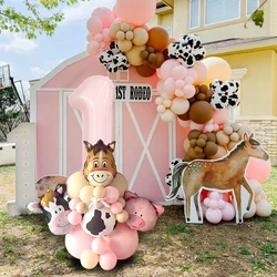 1set Carton Cow Pig Farm Animal Balloon Tower Pink Foil Number Balloons for Kids Farmland Birthday Party Decoration Supplies