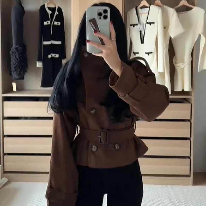 Women Vintage Cropped Coat Stand Collar Waist Slim Belt Double-breasted Jacket 2026 Autumn Winter Commute Office Party Outerwear