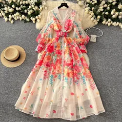2025 Spring Holiday Gorgeous Flower Maxi Dress Women's Long Lantern Sleeve Notched Floral Print Pearl Belt A Line Robe Vestidos