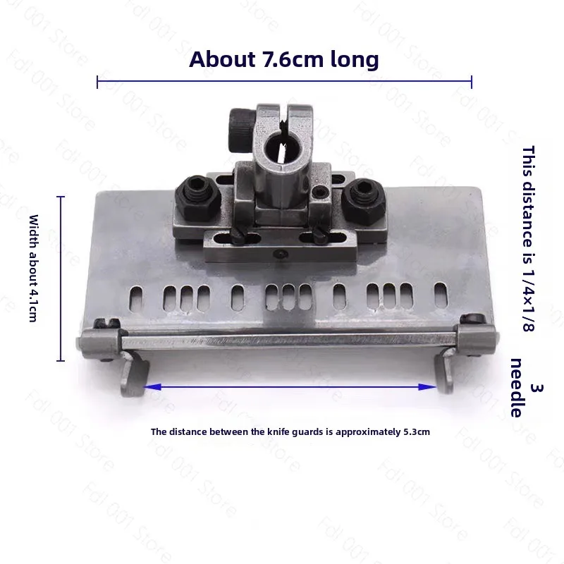 Adjustable all steel presser foot door placket with adjustable edge and movable stop for positioning presser foot