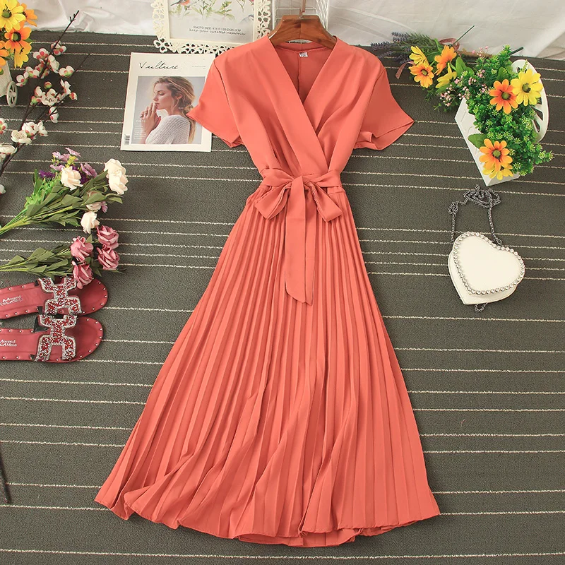 Summer Retro Chiffon Pleated Dress 2021 Women Elegant V-neck Short Sleeve Party Dress Slim Sexy Lace Up Pleated A-line Dress