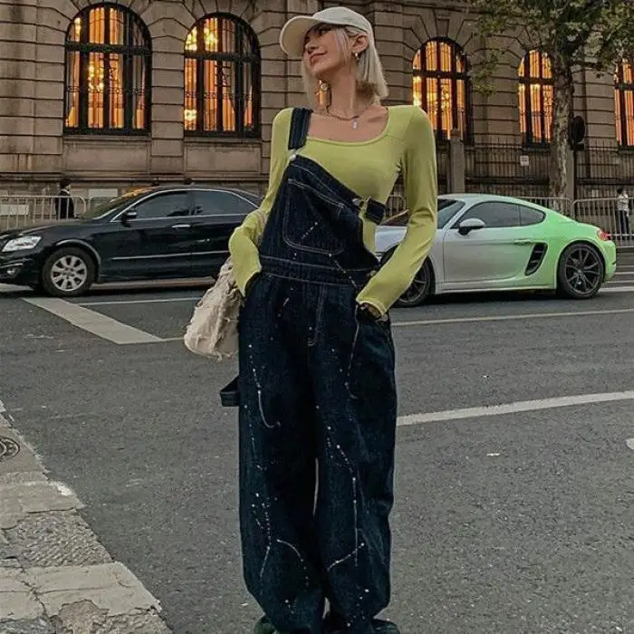 

Anti-Aging American Street Sle Splaed Ink Denim Overalls Women's Spring Autumn plus Size Slimming One-Piece Pants