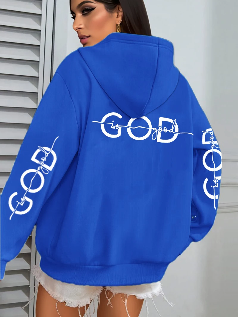 God Is Good Art Letter Printing Women Hoody Autumn All-Match Pullover Casual Loose Hoodie Fleece Pocket Woman Streetwear