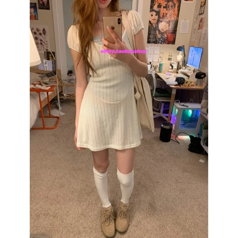 Japanese Vintage Slim Fit Elegant Short-Sleeved Dress Women 2026 Summer New Square Collar Solid Color Thread Mini Dress