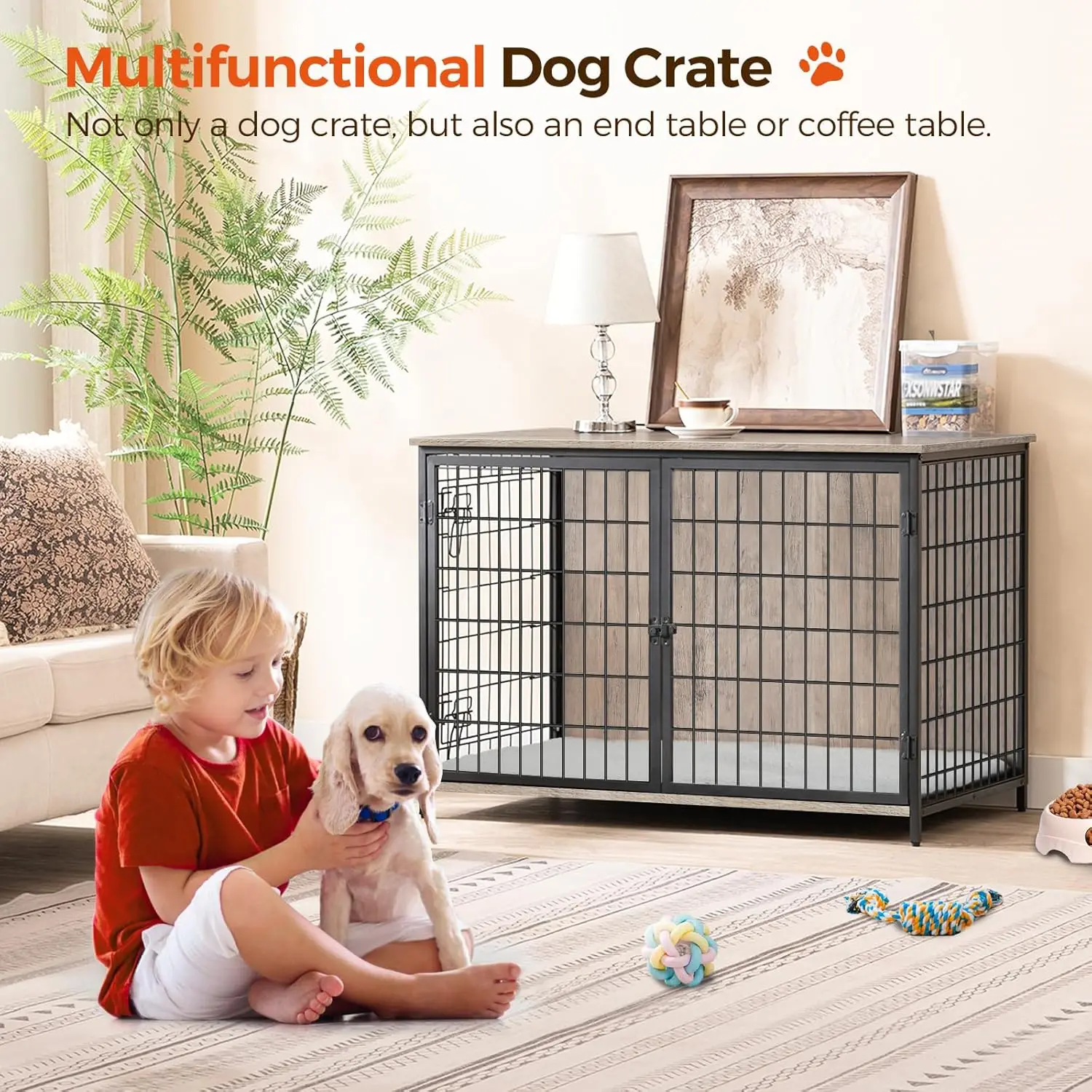 

Dog Crate Furniture with Cushion, Wooden Dog Kennel with Double Doors, Heavy Duty Dog Cage for Small/Medium/Large Dogs