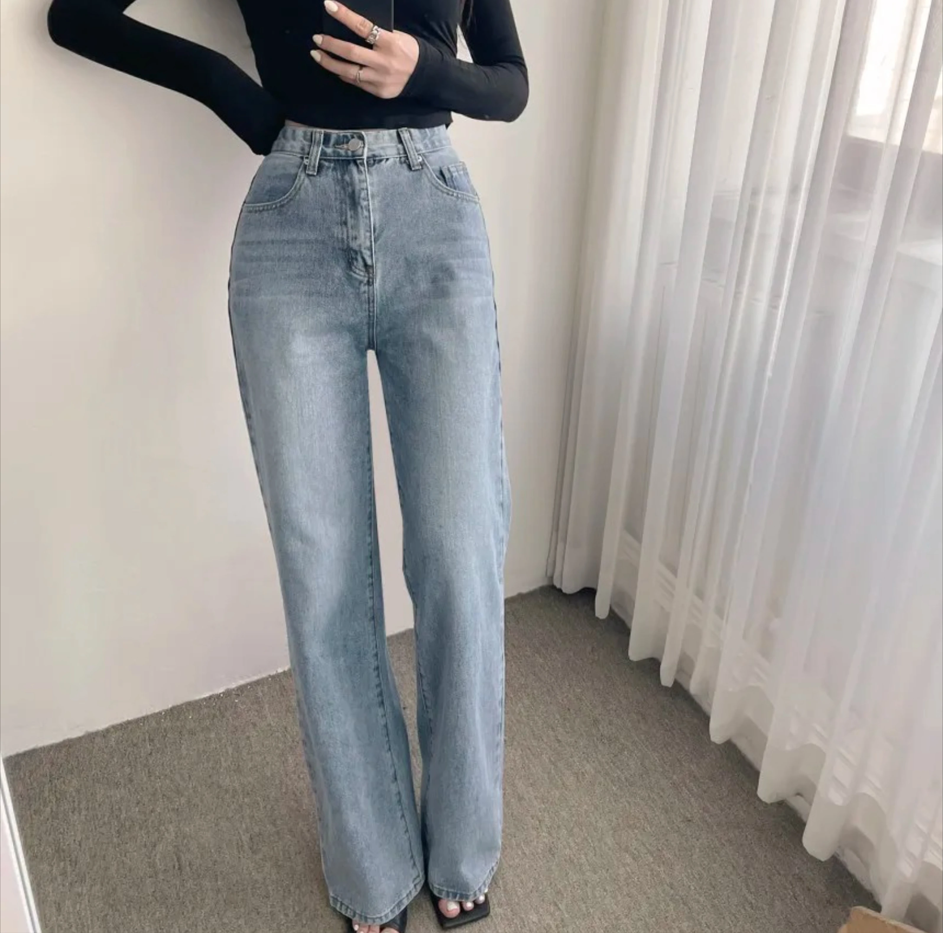 Nowe spodnie jeansowe z szerokimi nogawkami w stylu vintage na wiosnę i lato, z wysokim stanem, niebieskie, postarzane, luźne, codzienne.