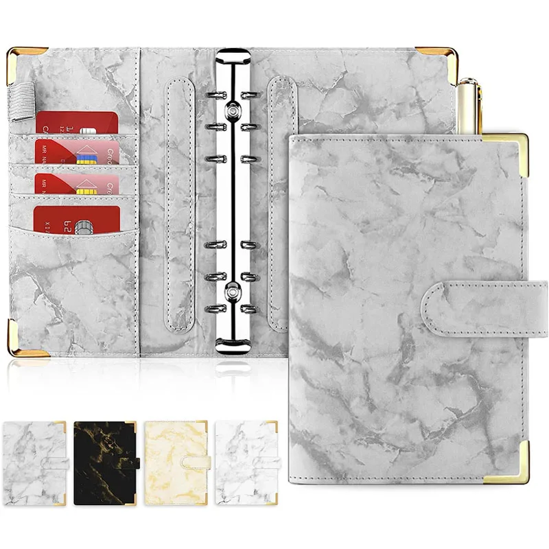 A6 PU Leather Marble Notebook Binder Budget Planner Money Organizer for Cash Savings with 6 Zipper Envelope Pockets & Stickers