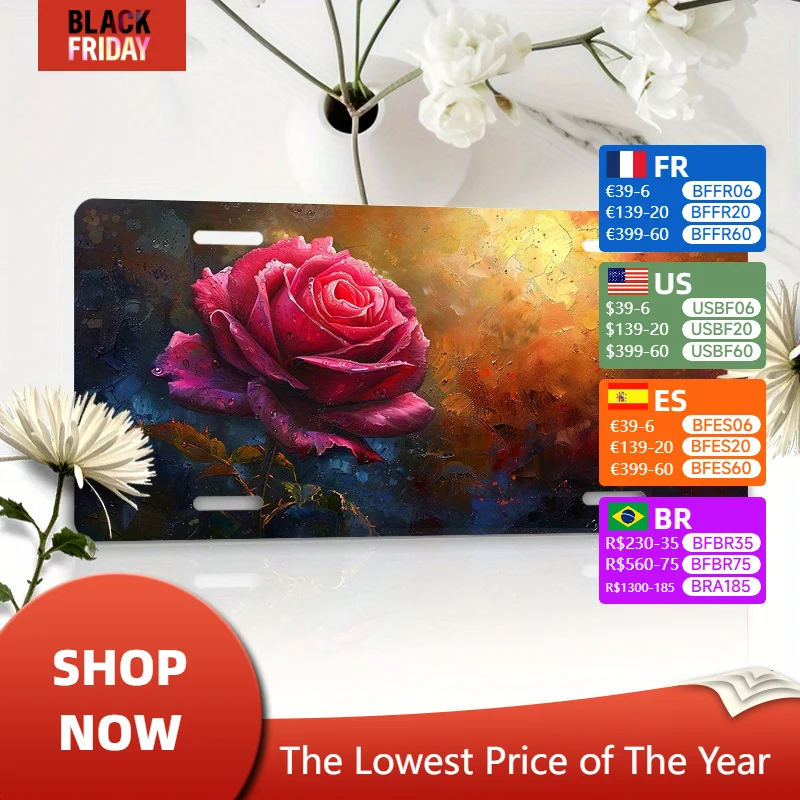 Blooming Rose Oil Painting Pattern Aluminum Car License Plate, Waterproof and Rust Proof, Perfect Gift for Holidays, Birthdays