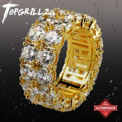 TOPGRILLZ Waterproof No Fading 2 Row CZ Solitaire Ring For Men/Women Iced Out Charm Round Rings Band Classic Hip Hop Jewelry