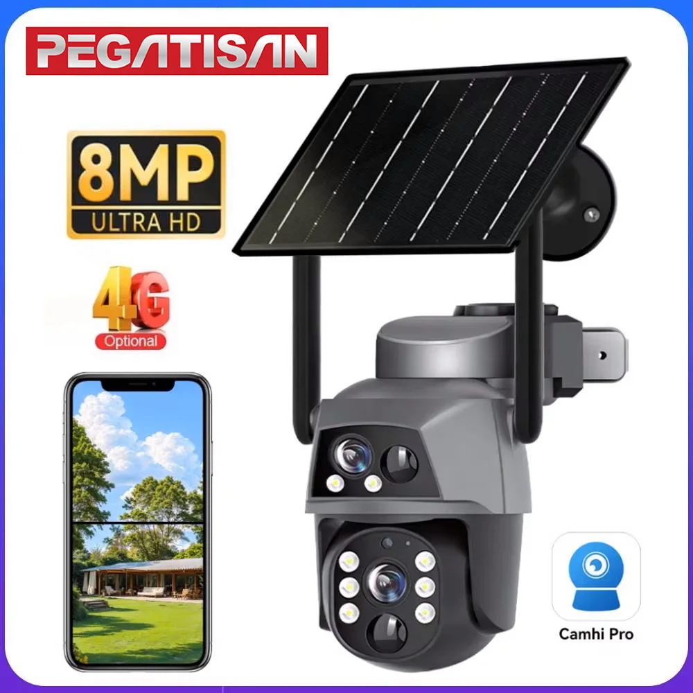 

PEGATISAN 8MP 4K 4G Dual Lens Camera Solar PIR Human Detection WIifi Night Vision Security Video IP Camara Battery CCTV Monitor