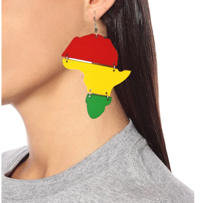 Africa map earrings multi-colored wood Jamaican earrings Amazon popular cross-border jewelry source Earrings