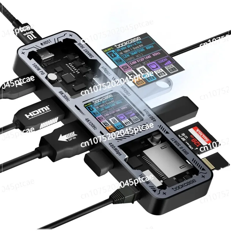 شاشة D ockcase 10 في 1 4K 60 هرتز/ 1000 ميجابت في الثانية/ UHS-II SD&TF/ 100 وات PD/ USB 3.2 Gen 2 محور ذكي مع شاشة LCD مزدوجة #1