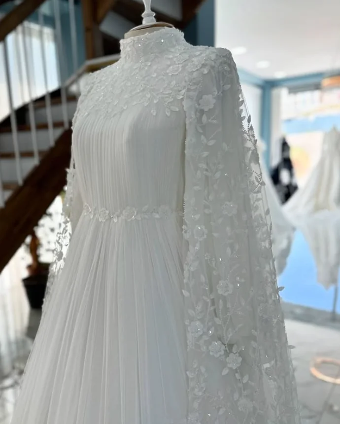 White Muslim Caftan Wedding Dresses with Sleeve Cape Floral Lace Chiffon Customsized Kaftan Turkey Bridal Gown Outfit