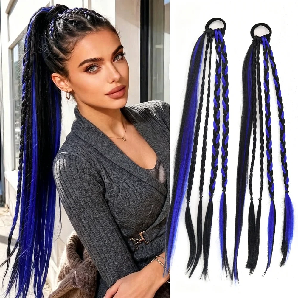 

Long Braided Ponytail Extension Synthetic Hair Extensions Red Black Colored Box Braids with Rubber Band Hairpiece for Women