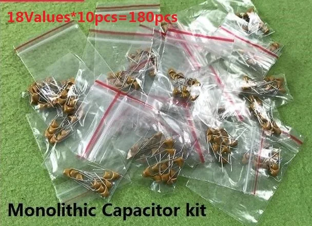 

18values*10pcs=180pcs Monolithic Capacitor Kit 20pF~1uF 5.08MM Pack 15PF 20PF 30PF 100PF 101 102 103 104 105 471 Assorted Set