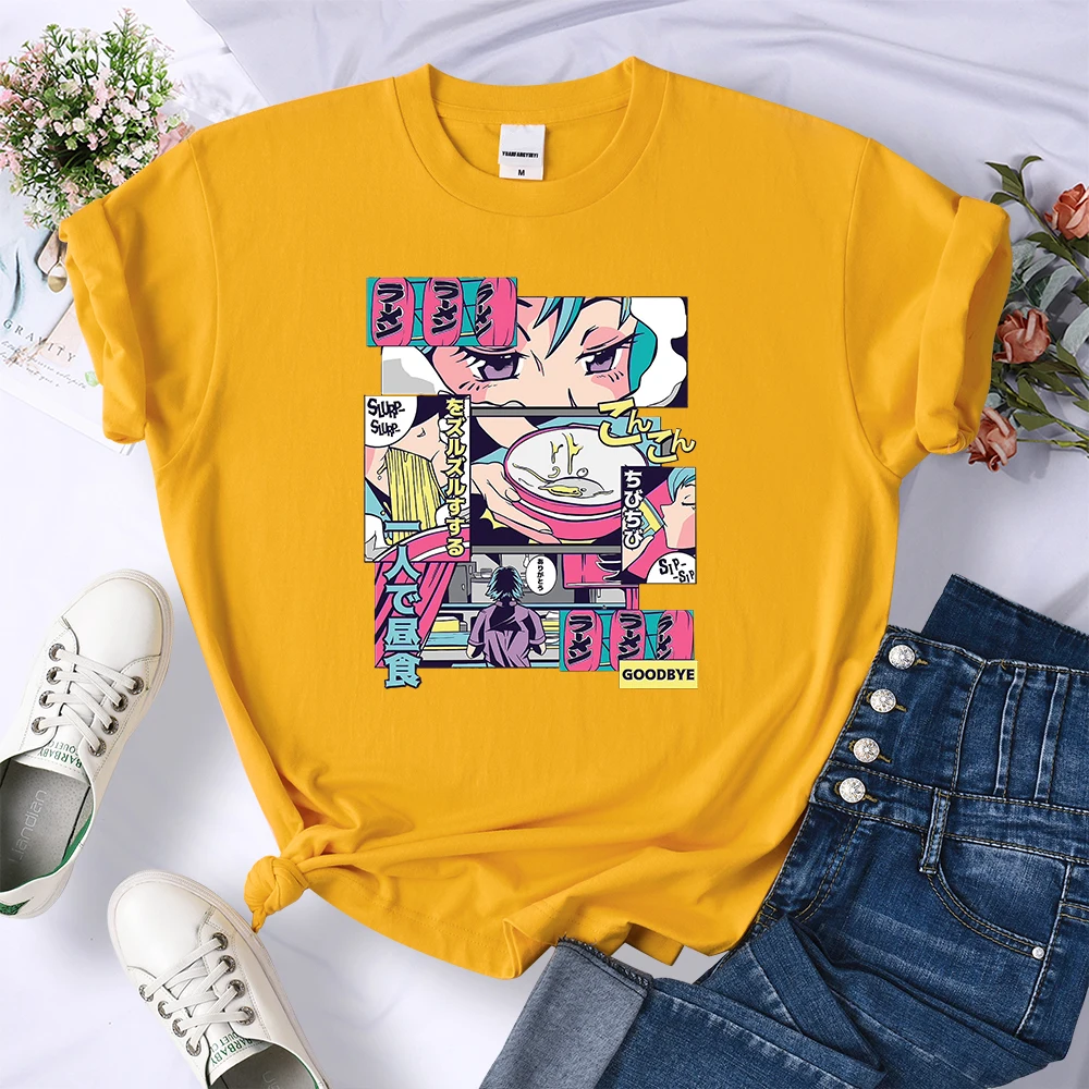 Anime Vaporwave Manga Ramen Noodles Y2K Women T-Shirt Fashion Cool T Shirts Street Hip Hop Tee Shirtscool Breathable Crop Top