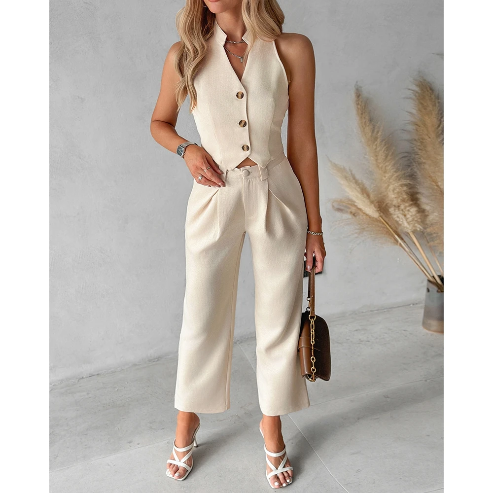 Women Buttoned Vest V-Neck Top & Straight Leg Pants Set Causal Streetwear 2024 Solid Color Two Pieces Suit Set y2k Clothes