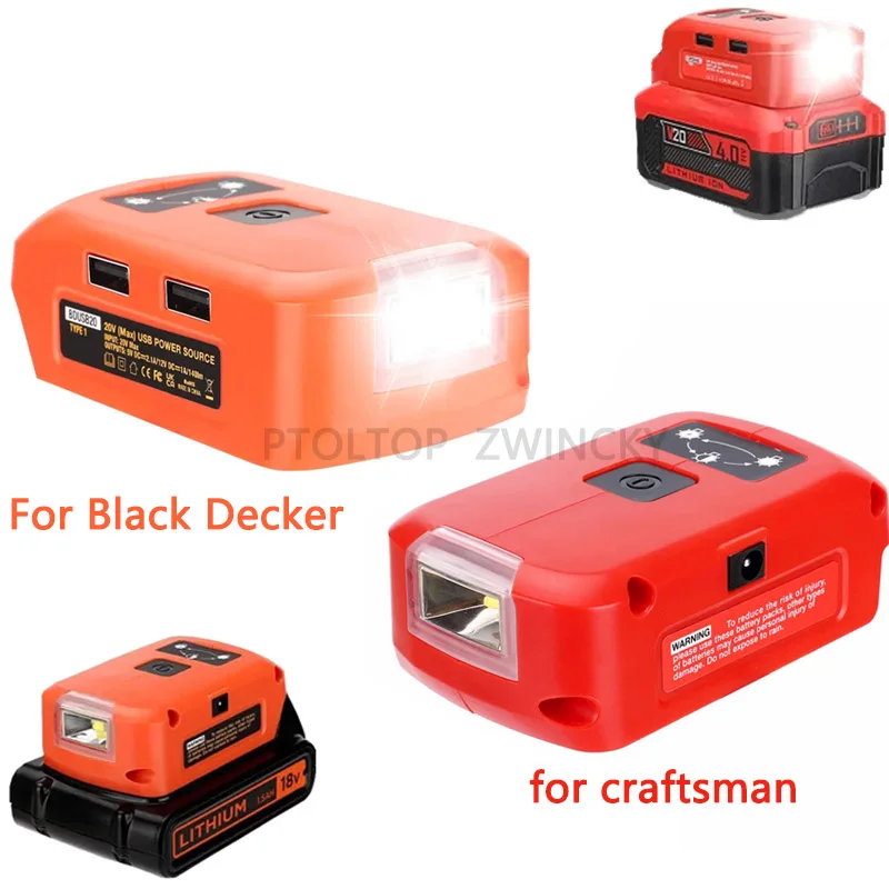 

Battery Adapter for Black&Decker/Craftsman Compatible 14.4-20v Lithium-Ion Battery with Dual USB 12v DC Port Led Work Light