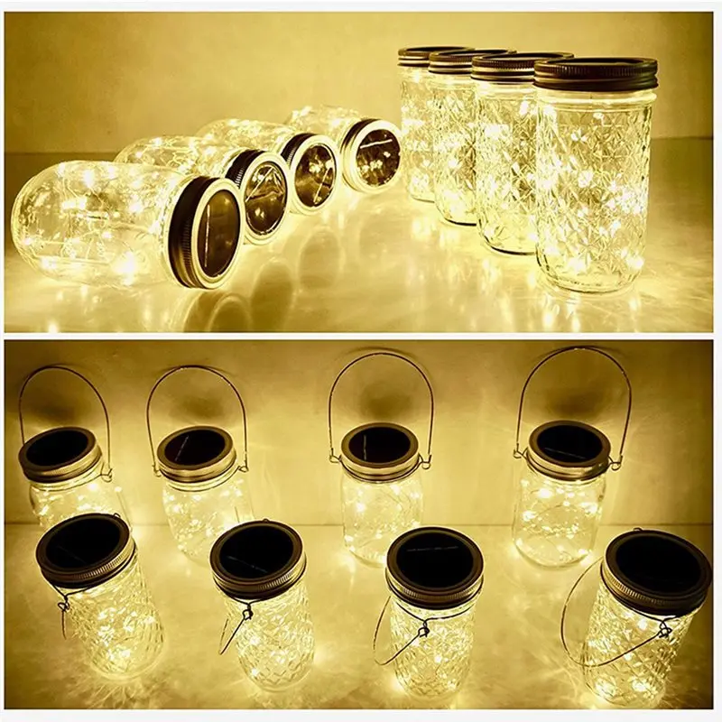 ABRU-For Outdoor Garden Decor 6PCS Solar Mason Jar Lights 30 LED Waterproof Fairy Firefly Jar Lid String Lights With Hangers
