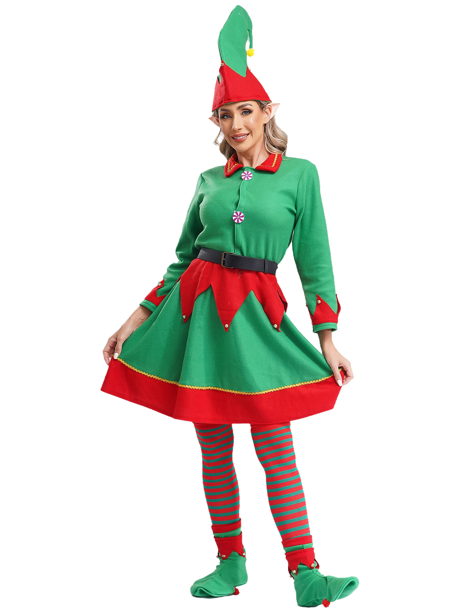 Womens Christmas Elf Cosplay Costume Flannel Dress with Hat Shoes Belt Stockings Outfit Carnival Festival New Year Dress Up