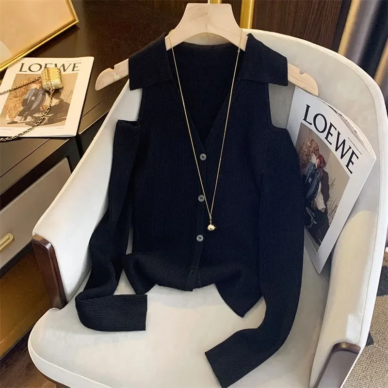 Women Clothes Spring Autumn Fashion Simplicity Trend Button V-neck Knitting Ladies All-match Appear Thin Off Shoulder Long Sleev