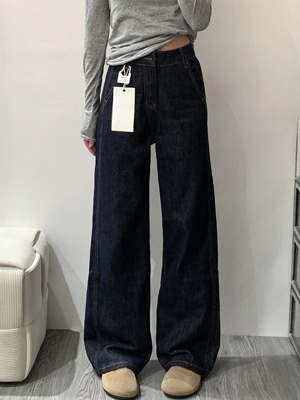 

plus Size Deep Blue Wide Leg Jeans Women Summer New Style Pear Shape Loose Slim High Waist Straight Cut Pants