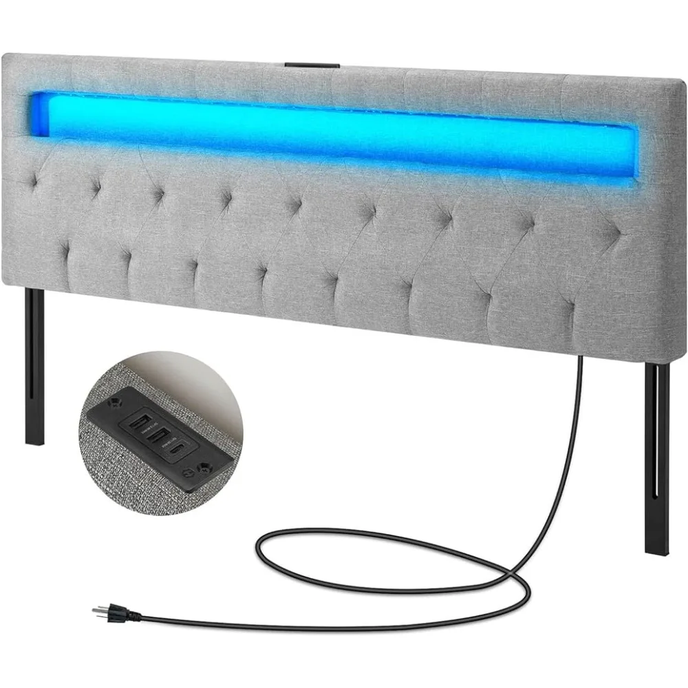 

Gray Bed HeadBoard with DIY Color of LED Light, USB & Type C Post, Attach Frame, Height Adjustable, Wall Mounted Head Boards