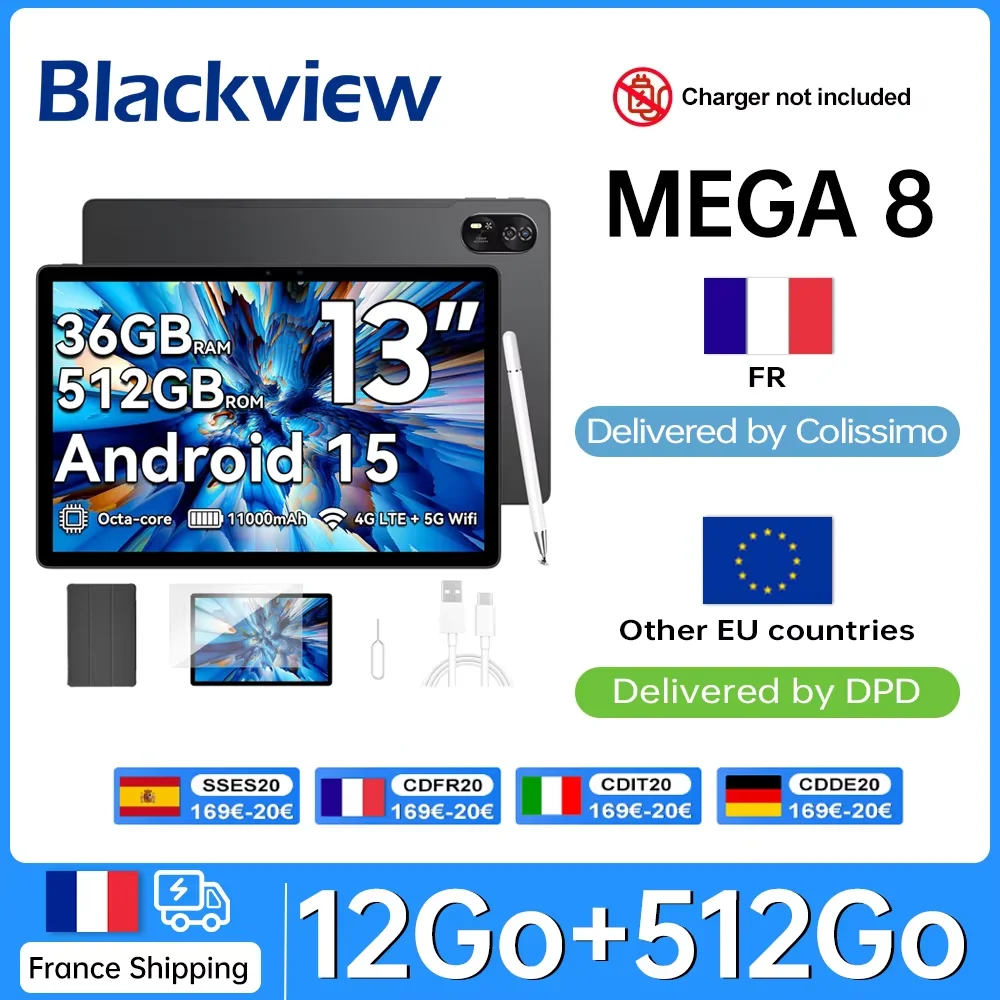 Blackview MEGA 8 [без зарядного устройства ЕС] Планшет 13 дюймов 90 Гц 2K FHD+ Дисплей 36 ГБ (12+24) 512 ГБ 11000 мАч 50 МП + 13 МП Android 15 Dual SIM 4G